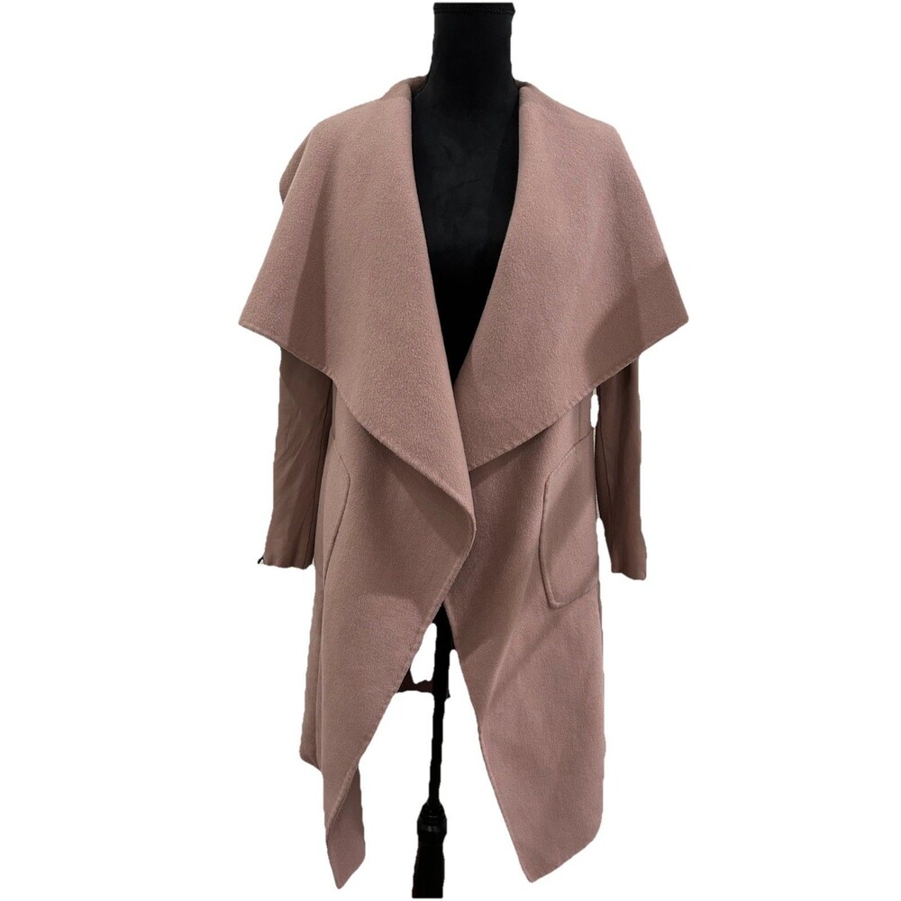 BCBGMAXAZRIA Womens XS Draped Front Wool Coat DUSTY ROSE Leather On Cuff